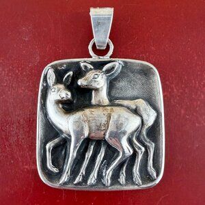 Vintage 835 Silver Double Deer Fawn Pendant Mid Century European Folk Art